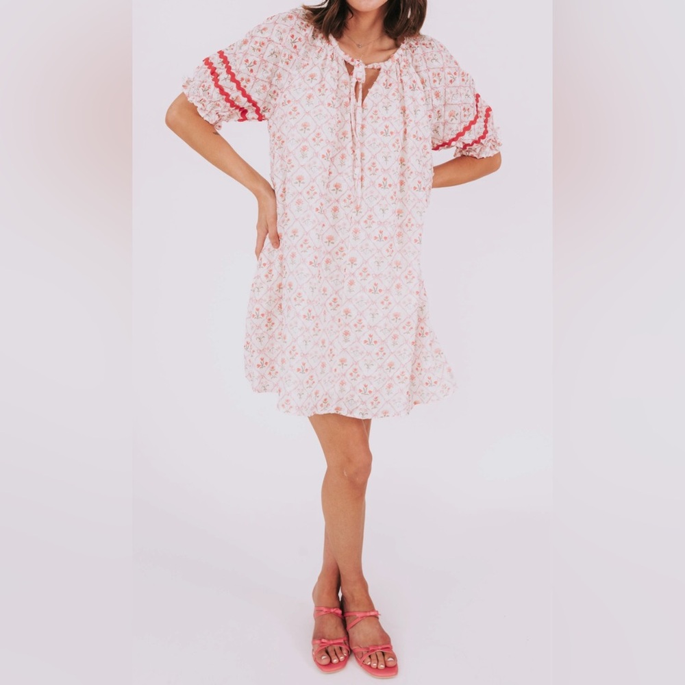 In February Boutique Floral Pink Bow Puff Sleeve Mini Dress